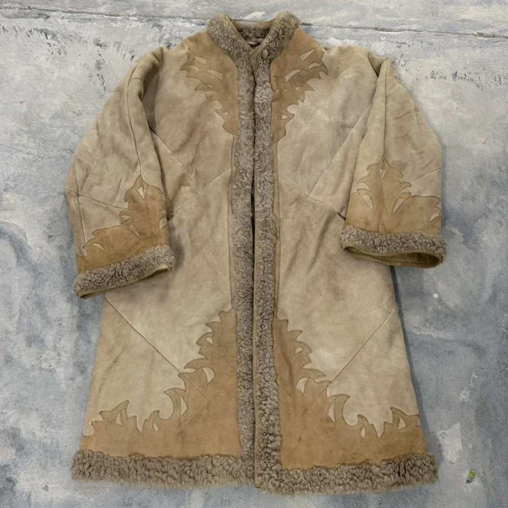 Vintage Suede Shearling Trim Coat Boho Festival Earthy‎ Tan